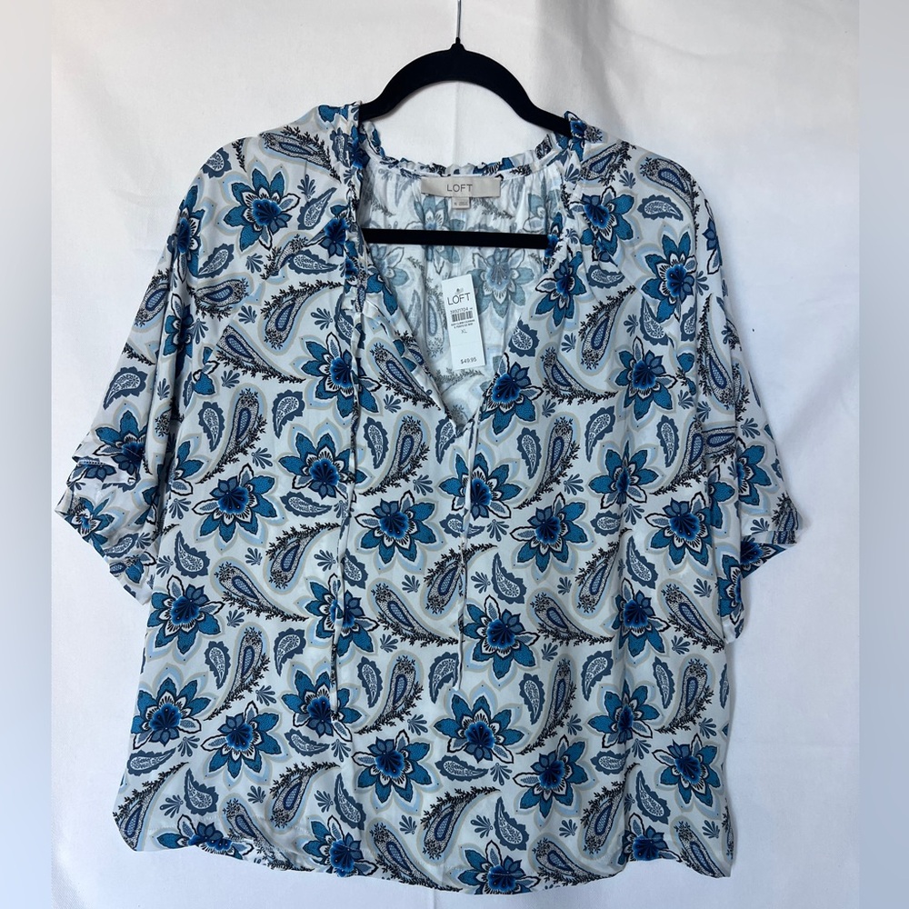 LOFT White and Blue Floral Blouse